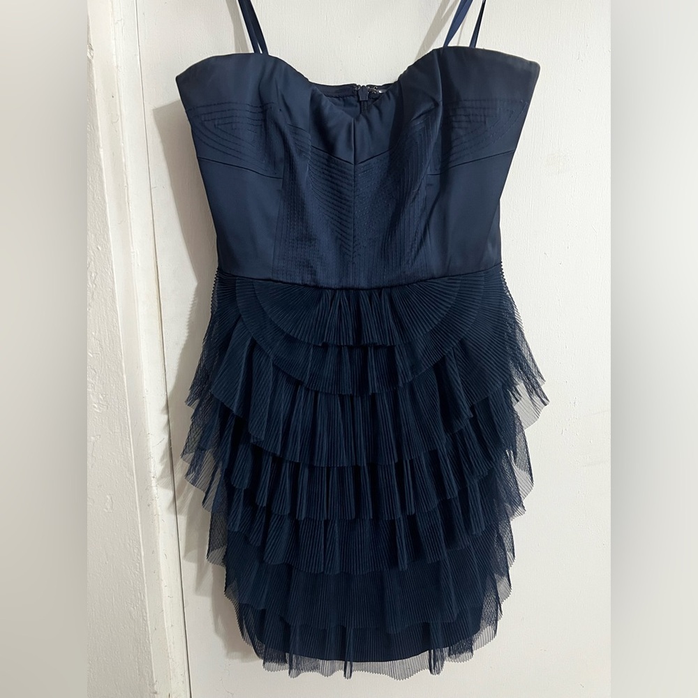 BCBGMaxAzria Strapless Navy Dress with Tiered Pleats